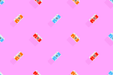 Seamless pattern from old drawn cameras. Background on the theme of photography and photographic equipment.