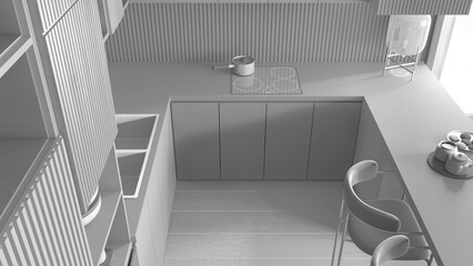 Total white project draft, kitchen in modern apartment, table, armchairs. Sink, induction hob with pot, breakfast with cookies. Glass table lamp. Top view, above, interior design
