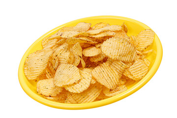 corrugated potato chips on yellow plate isolated on white background