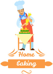 Kitchen emblem, food studio label. Chef conducts culinary class about cooking. Hand drawn lettering for premium cooking masterclass. Man preparing dish, working with kitchen equipment, baking class