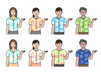 案内する沖縄のかりゆしウェアを着た男女