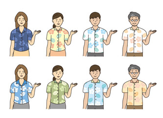 案内する沖縄のかりゆしウェアを着た男女