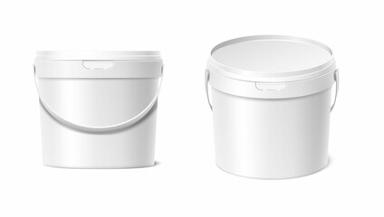 3d realistic vector icon set. Plastic white paint bucket in top and front view.