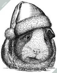 black and white engrave isolated guinea pig vector christmas illustration - obrazy, fototapety, plakaty