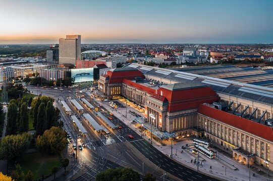 Leipzig, Saxony, Germany - October 2021: Aerial evening view on Leipzig central railway station - Leipzig Hauptbahnhof