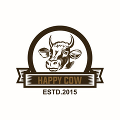 happy cow, dairy cow milk logo, silhouette of smart cattle head in circle vector illustration