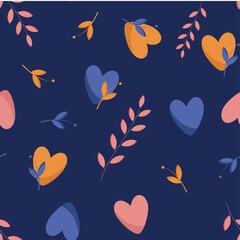 Fototapeta na wymiar seamless pattern blue with hearts and plants