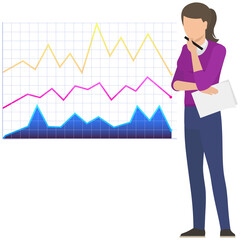 Woman studies statistics on presentation. Female character while working or studying with report. Girl working and analyzing financial statistics. Female marketer examines information about metrics