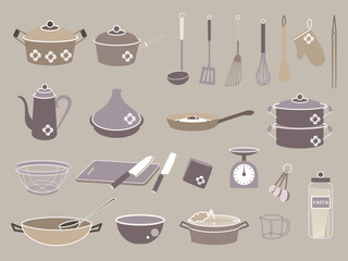 お洒落な色の台所用品・調理器具のイラスト