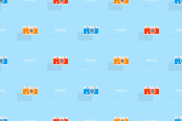 Seamless pattern from old drawn cameras. Background on the theme of photography and photographic equipment.