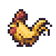 Standing rooster pixel art icon. Chicken, farm bird. Country character logo. Game development, mobile app. 8-bit sprite. Isolated vector illustration