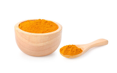 Turmeric (Curcuma) powder in wooden bowl and spoon on white background