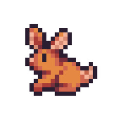 Fototapeta premium Cute rabbit pixel art icon. Country hare. Farm animal logo. Game development, mobile app. 8-bit sprite. Isolated vector illustration
