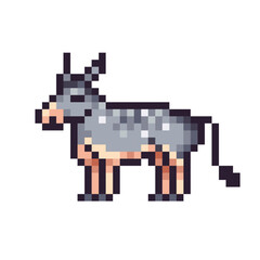 Obraz premium Donkey pixel art icon. Grey mule logo. 8-bit sprite. Farm animal, burro. Game development, mobile app. Isolated vector illustration