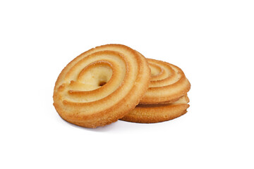 Round ring shaped German spritz biscuits on white background