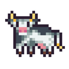 Standing cow pixel art icon. Milking country animal. Farm character logo. Game development, mobile app. 8-bit sprite. Isolated vector illustration
