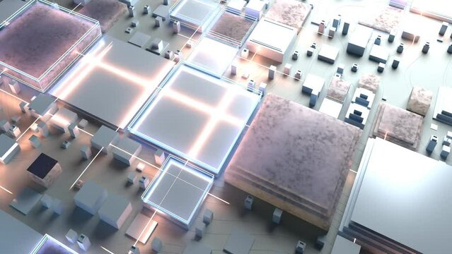 Electronic circuit board close up, computer chip, mother board with neon lights, 3D rendering animation
