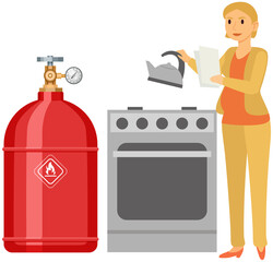 High canister next to woman putting kettle on gas stove. Metal tank with liquefied compressed substance. Lady using stove with burners for water heating powered by gas supplied from container