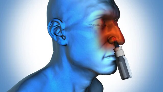 Decongestant Nasal Spray - man - Blue background - 3d animation model
