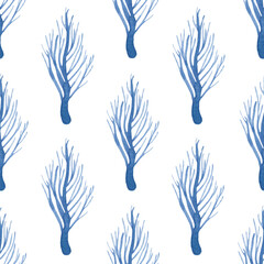 Watercolor seamless hand drawn pattern with winter blue silhouette trees on white background