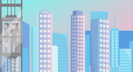 Single cabin with lifting mechanism. Modern lift for transporting people. Transparent elevator with passengers inside on background of modern city with skyscrapers. Cartoon characters riding elevator