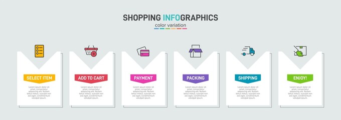 Concept of shopping process with 6 successive steps. Six colorful graphic elements. Timeline design for brochure, presentation, web site. Infographic design layout.
