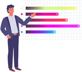 Man studies statistics on presentation. Male character working with report. Manager working and analyzing financial statistic. Male marketer examines information about metrics. Data screen with charts