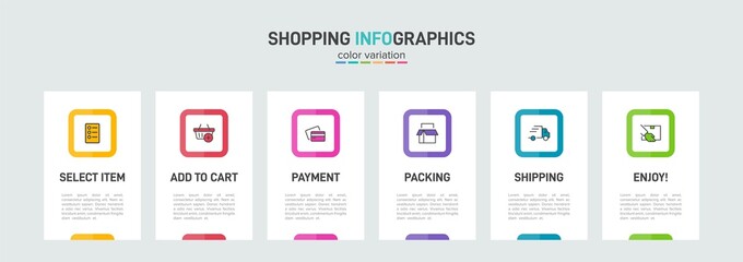 Concept of shopping process with 6 successive steps. Six colorful graphic elements. Timeline design for brochure, presentation, web site. Infographic design layout.