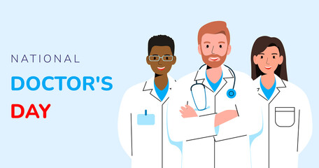 Vector banner of National Doctors Day. International holiday, congratulations. Characters of different nationalities. Postcard in flat design. Happy Doctor's Day. - Vector
