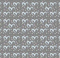 Seamless pattern of hand drawn hearts in blue on gray background with colored dots in pastel rainbow colors