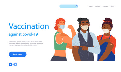Stop coronavirus agitation concept. Vaccination promo, immunization of workers. Vaccine saves lives. People wearing protective mask showing their arm with bandage after receiving covid-19 vaccine