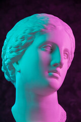 Colorful gypsum copy of ancient statue of Venus de Milo head for artists on dark textured...