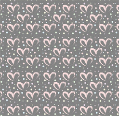 Seamless pattern of hand drawn hearts in red on gray background with colored dots in pastel rainbow colors