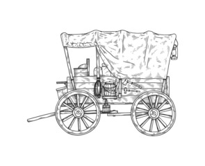 Fototapeta na wymiar Monochrome old wooden cart in sketch style, vector illustration isolated on white background.