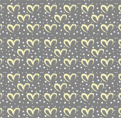 Seamless pattern of hand drawn hearts in yellow on gray background with colored dots in pastel rainbow colors