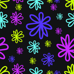 Fototapeta na wymiar Bright neon. Hand drawn floral seamless pattern. Modern print for fabric, textiles, wrapping paper. Vector illustration