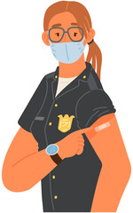 Young woman wearing protective mask showing her arm with bandage after receiving covid-19 vaccine. Concept of vaccination, health, spread of vaccine, healthcare, call of fight against coronavirus