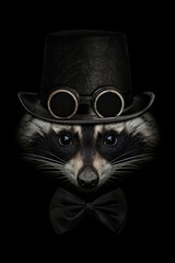 Raccoon face close up on black  in a hat with canned glasses and