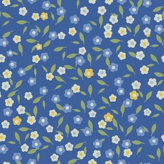 Simple pattern of little white, yello and blue flowers on blue background. Floral seamless backdrop in liberty style. Colorful print for textile, book covers, wallpapers, gift wrap, scrapbooking.