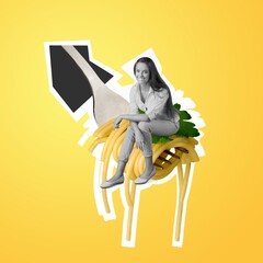Contemporary art collage of young stylish woman sitting on fork with deliscious spaghetti pasta