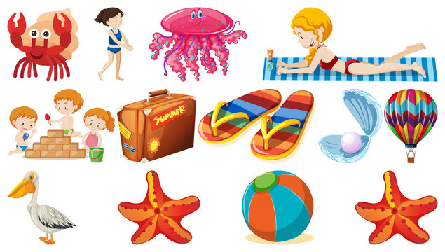 Set of summer beach objects and cartoon characters