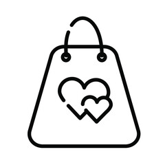 Icon depicting a shopping bag or bag with hearts. One line vector illustration. Suitable for designing websites, social networks, booklets, promotional materials, discounts and banners. 