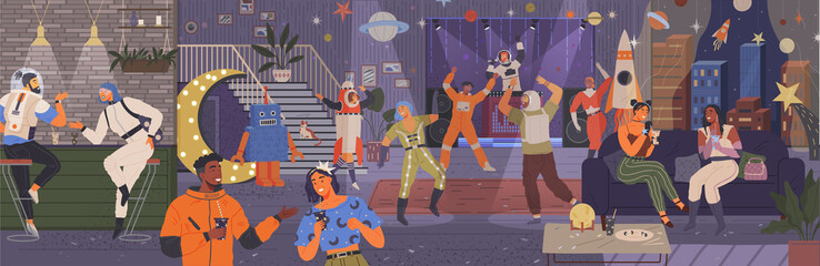 Space party. People are dancing in costumes on space theme. Cute astronauts and rocket in space for birthday party in cosmic style. Birthday celebration invitation. Dancing people on theme disco party