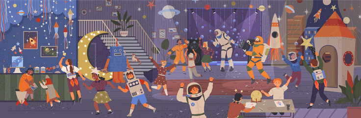 Space party. Children dancing in costumes on space theme. Cute astronauts and rocket in space for birthday party in cosmic style. Birthday celebration invitation. Dancing kid on theme disco party