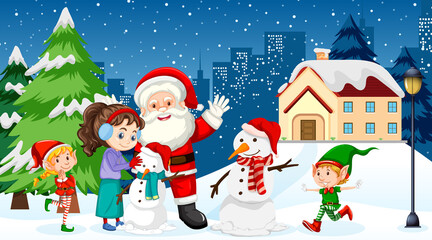 Christmas winter scene with children and Santa Claus
