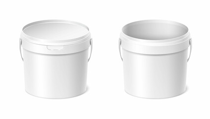 3d realistic vector icon set. Plastic white paint bucket with lid, open and closed.