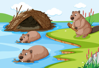Forest scene with beavers building a dam house - obrazy, fototapety, plakaty