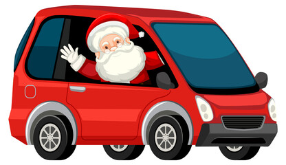Santa Claus driving red car in cartoon style