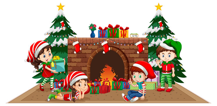 Children celebrating Christmas at home with fireplace