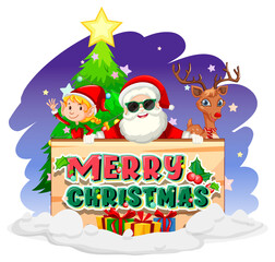 Merry Christmas banner with Santa Claus with elf and reindeer